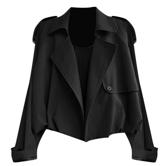HOWPAY Barn Jackets for Women Cropped Button down Lapel Collar Long Sleeve Trench Coat Vintage Solid Color Casual Outerwear Fall Winter Clothes Black L