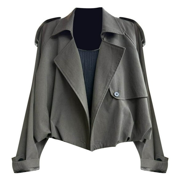 HOWPAY Barn Jackets for Women Cropped Button down Lapel Collar Long Sleeve Trench Coat Vintage Solid Color Casual Outerwear Fall Winter Clothes Grey L