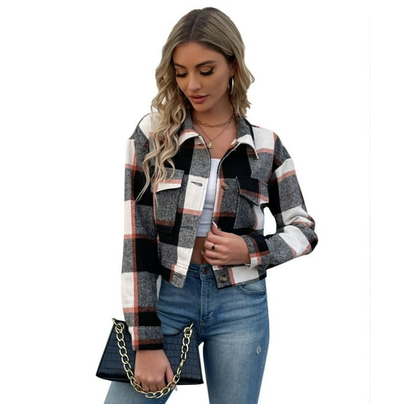 HOWPAY Barn Jackets for Women Cropped Button down Oversized Lapel Collar Long Sleeve Coats with Pockets Vintage Plaid Casual Outerwear Fall Winter Clothes Black L