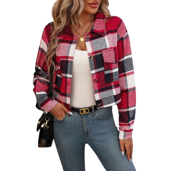 HOWPAY Barn Jackets for Women Cropped Button down Oversized Lapel Collar Long Sleeve Coats with Pockets Vintage Plaid Casual Outerwear Fall Winter Clothes RD3 S