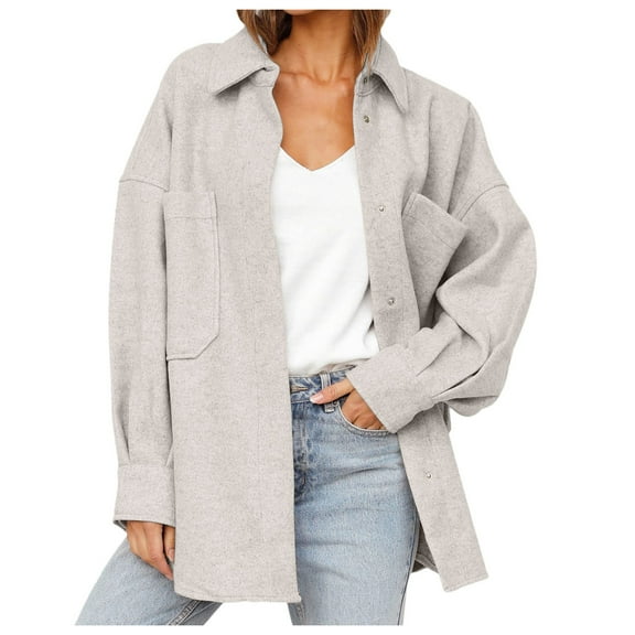 HOWPAY Barn Jackets for Women Oversized Button down Lapel Collar Long Sleeve Shacket Coats with Pockets Vintage Solid Color Fall Winter Clothes Casual Outerwear White M