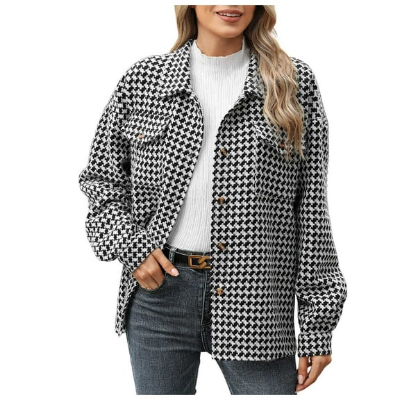 HOWPAY Barn Jackets for Women Plaid Button down Oversized Lapel Collar Long Sleeve Coats with Pockets Vintage Casual Outerwear Fall Winter Clothes Black M
