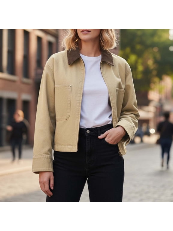 Barn Jackets for Women Zip up Cropped Lapel Collar Long Sleeve Coats with Pockets Vintage Solid Color Casual Outerwear Fall Winter Clothes Light Yellow M