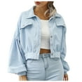 thumbnail image 1 of HOWPAY Barn Jackets for Women Cropped Loose Fit Button down Long Sleeve Shacket with Pockets Vintage Casual Fall Solid Color Outwear Tops Blue S, 1 of 7