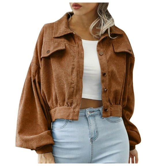 HOWPAY Barn Jackets for Women Cropped Loose Fit Button down Long Sleeve Shacket with Pockets Vintage Casual Fall Solid Color Outwear Tops Brown S