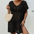 thumbnail image 1 of HOWPAY Bathing Suit Cover up for Women Summer Crochet Knit Hollow Out Swimsuit Coverup Short Sleeve Swimwear Dress Vacation Clothes Black One Size, 1 of 8