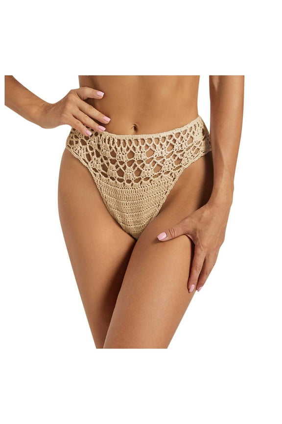 Bikini Bottoms Women High Waisted Crochet Hollow Out V Cut Basic Swim Briefs Full Coverage Solid Color Beach Pool Bathing Suit Bottoms Beige L