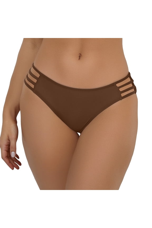 Bikini Bottoms Women Tummy Control Basic Swim Briefs Moderate Coverage High Cut Mid Waisted Solid Color Beach Pool Bathing Suit Bottoms Coffee L