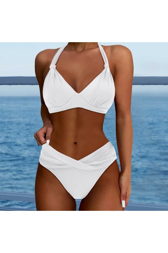 Bikini Sets for Women V Neck Push up Halter Adjustable Straps Tummy Control High Waisted Swimsuit Solid Color 2 Piece Bathing Suit Clear S