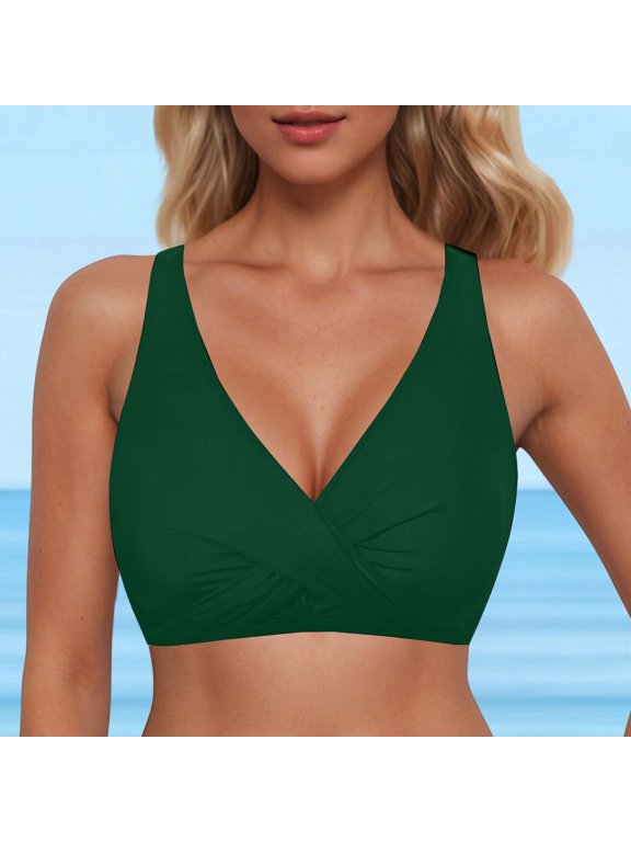 Bikini Tops for Women Full Coverage Push up Supportive Swimwear V Neck Backless Swimsuit Top Only Sports Lightweight Swim Bra Dark Green XL