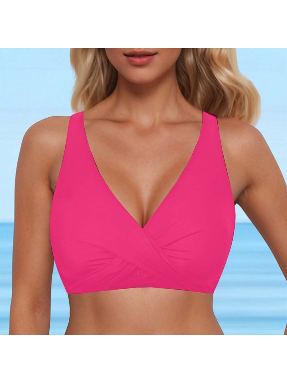 Bikini Tops for Women Full Coverage Push up Supportive Swimwear V Neck Backless Swimsuit Top Only Sports Lightweight Swim Bra Hot Pink XL