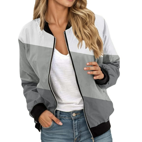 HOWPAY Bomber Jacket Women Oversized Color Block Zip up Outerwear Windbreaker with Pockets Lightweight Long Sleeve Casual Coat Fall Outfits Dark Gray XXXXXXL