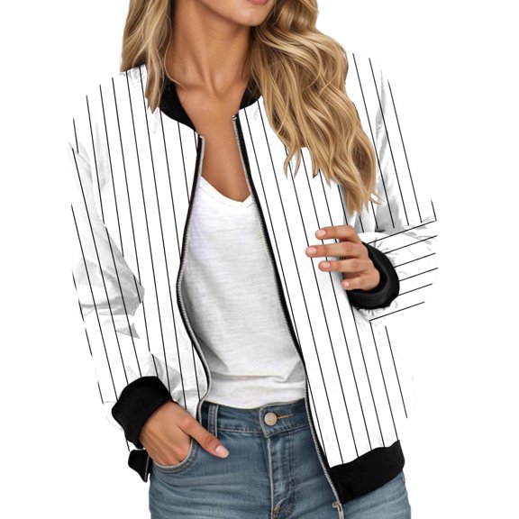 HOWPAY Bomber Jacket Women Oversized Color Block Zip up Outerwear Windbreaker with Pockets Long Sleeve Casual Sweatshirts Coat Fall Outfits White L