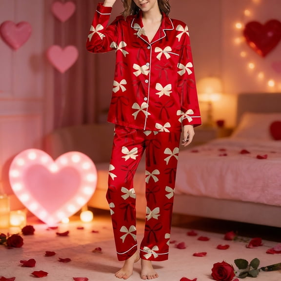 HOWPAY Bow Pajamas for Women Set Valentines 2 Piece Lounge Sets Long Sleeve Button down Lapel Shirt with Long Pants Sleepwear Soft Comfy 2 Piece Pjs Sets Red M