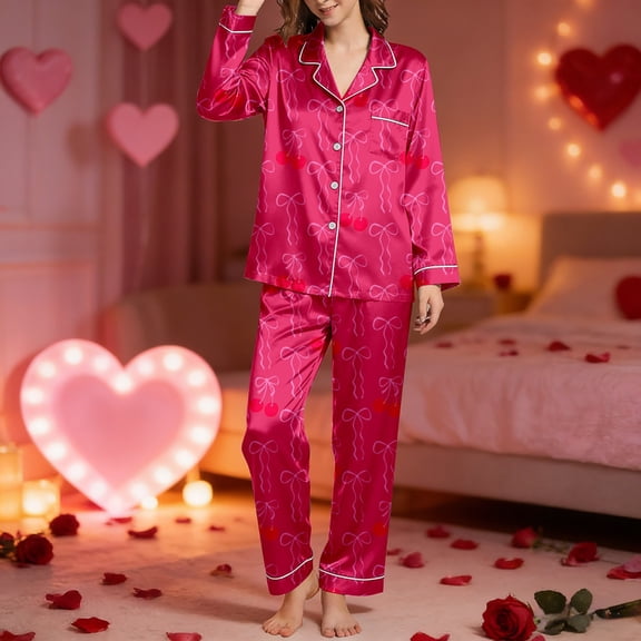 HOWPAY Bow Pajamas for Women Valentines Causal Button down Long Sleeve Shirt with Long Pants Nightwear Comfy Soft 2 Piece Lounge Sets Hot Pink S