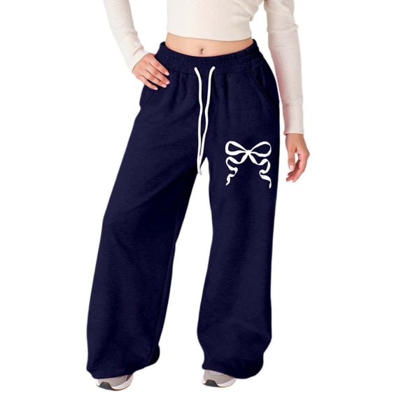 HOWPAY Bowknot Print Baggy Sweatpants Girls Open Bottom Workout Casual Joggers Elastic Waist Wide Leg Pants with Pockets Loose Fit Sweat Pants Navy