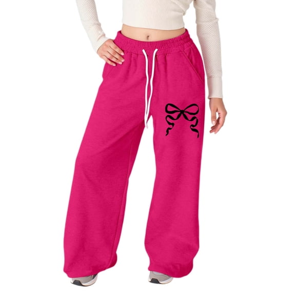 HOWPAY Bowknot Print Baggy Sweatpants Girls Open Bottom Workout Casual Joggers Elastic Waist Wide Leg Pants with Pockets Loose Fit Sweat Pants Pink
