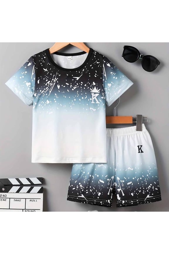 Boys 2 Piece Outfits Crewneck Short Sleeve Tops and Elastic Waist Shorts Lounge Set Letter Print Lightweight Causal Soft Sweatsuits Set White