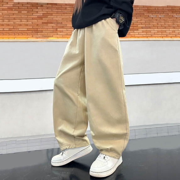 HOWPAY Boys Sweatpants Solid Color Wide Leg Elastic Waist Drawstring Lounge Pants with Pockets Casual Loose Open Bottom Baggy Pants Khaki