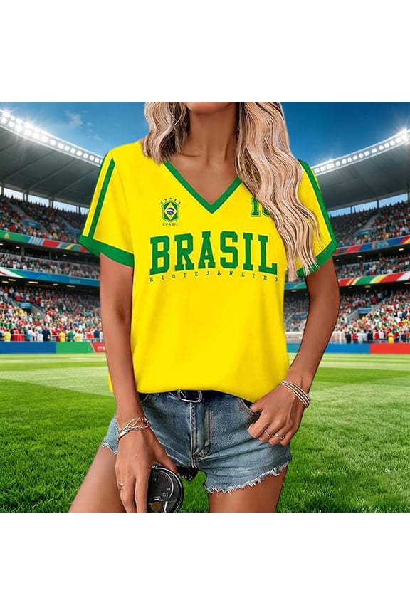 Brazil Soccer Jersey Women Relaxed Fit Y2K V Neck Soccer Fan T Shirt Casual Soft Breathable Short Sleeve Daily Wear Top Brazil Soccer Shirts Yellow -