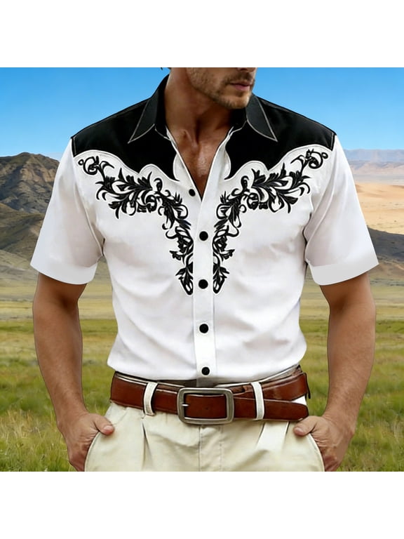 Button down Shirts for Men Short Sleeve Western Cowboy Print Beach Vacation Tops Stretch Casual Loose Fit Oversized Soft Summer Shirts Black XL