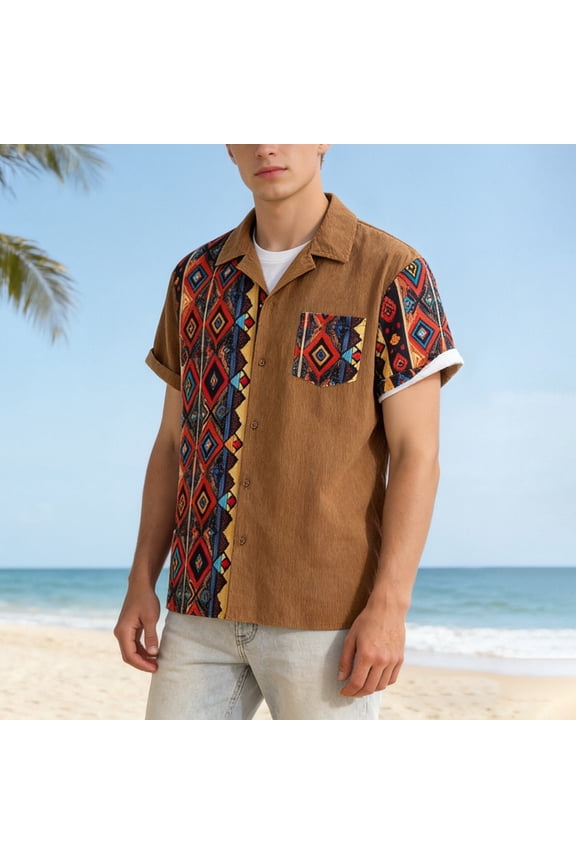 Button down Shirt Men Short Sleeve Graphic Holiday Beach Lapel Tops Stretch Casual Loose Fit Oversized Soft Summer Shirts Coffee XXL