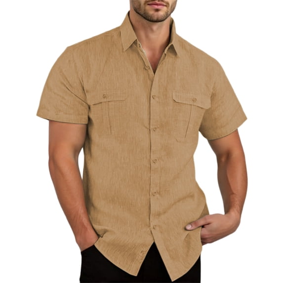 HOWPAY Button down Shirts for Men Short Sleeve Summer Solid Color Holiday Beach Tops Casual Regular Fit Oversized Comfy Clothes Brown L