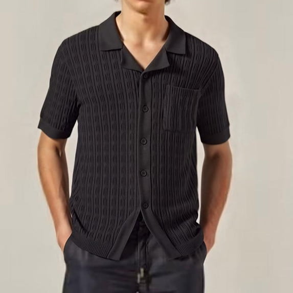 HOWPAY Button down Shirts for Men Short Sleeve Summer Solid Color Holiday Beach Tops Stretch Casual Regular Fit Oversized Comfy Shirts Black L