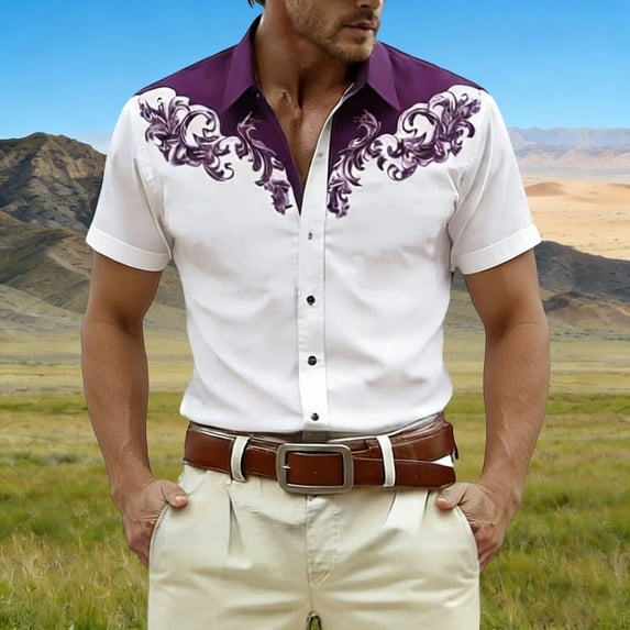 HOWPAY Button down Shirts for Men Short Sleeve Summer Western Cowboy Print Beach Vacation Tops Casual Regular Fit Oversized Soft Clothes Purple XL