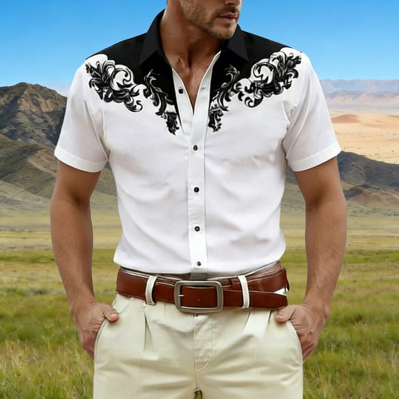 HOWPAY Button down Shirts for Men Short Sleeve Summer Western Cowboy Print Beach Vacation Tops Casual Regular Fit Oversized Soft Shirts Black XXXL