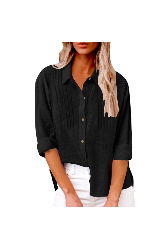 Button down Shirts for Women Long Sleeve Collared Business Dressy Casual Tops Solid Color Oversized Loose Fit Work Office Fall Clothes Black L