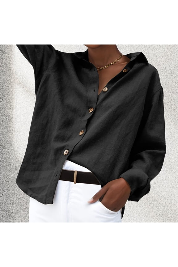 Button down Shirts for Women Long Sleeve Collared Work Tops Solid Color Classic Fit Lightweight Soft Casual Loose Fit Fall Clothes Black L