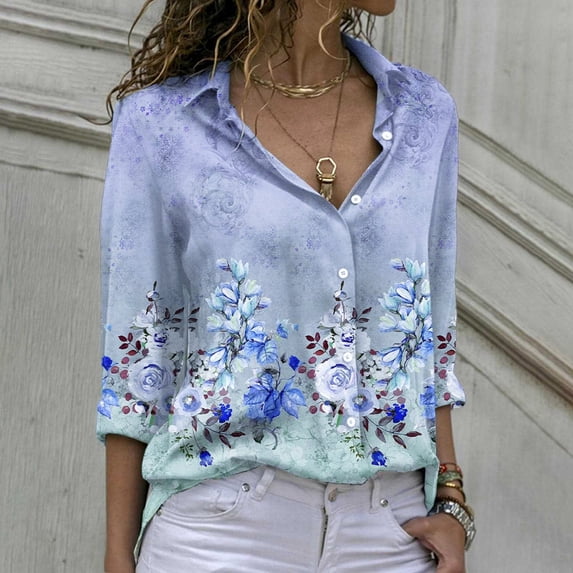 HOWPAY Button down Shirts for Women Long Sleeve Floral Print Loose Fit Classic Business Casual Collared Blouses Tops Comfy Y2k Clothes Blue XL