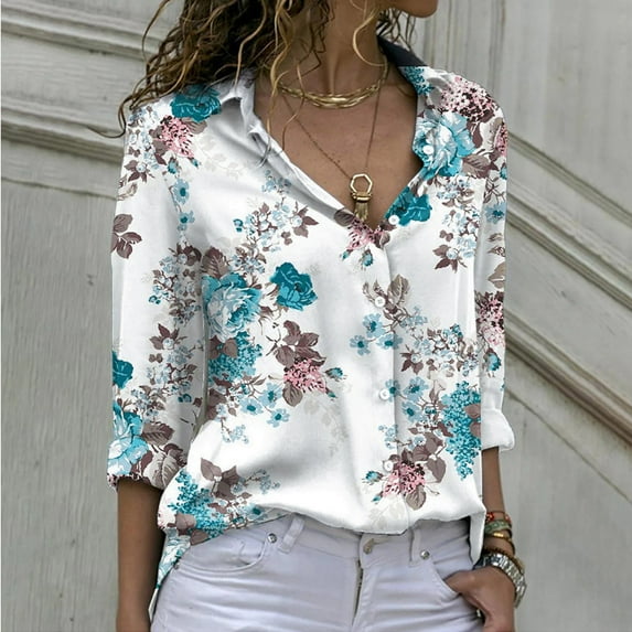 HOWPAY Button down Shirts for Women Long Sleeve Floral Print Loose Fit Classic Collared Business Casual Shirts Oversized Fall Outfits Green XXL