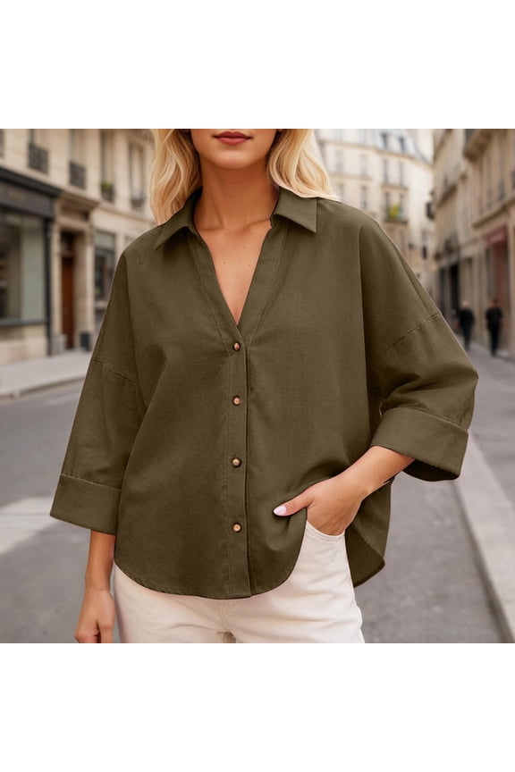 Button down Shirts for Women Long Sleeve Solid Color Basic Collared Blouses Oversized Stretch Loose Dressy Casual Fall Clothes Army Green L