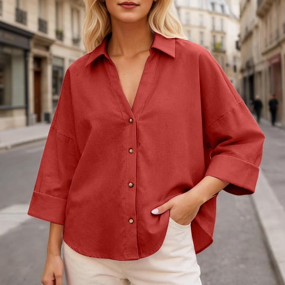 HOWPAY Button down Shirts for Women Long Sleeve Solid Color Basic Collared Blouses Oversized Stretch Loose Dressy Casual Fall Outfits Brick Red S