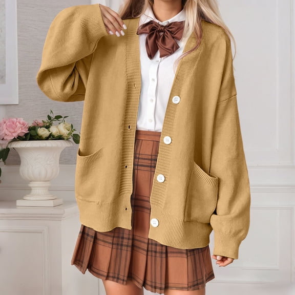 HOWPAY Cardigan Sweaters for Women Button down Solid Color Long Sleeve Casual Jacket Knit Cable Crew Neck Soft Loose Y2K Fall Clothes Yellow One Size