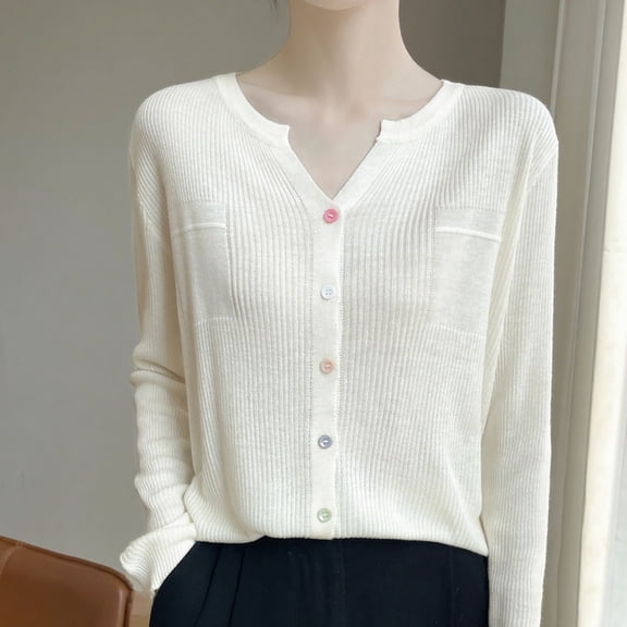 HOWPAY Cardigan Sweaters for Women Button up Long Sleeve Crew Neck Solid Color Tops Casual Classic Soft Lightweight Y2K Fall Outfits White XL