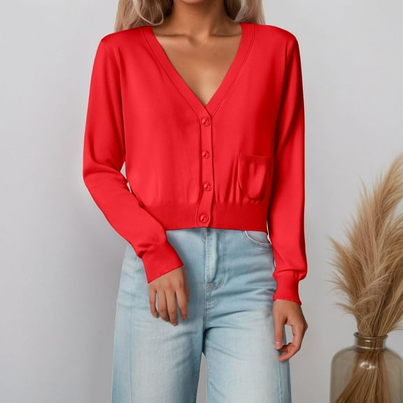 HOWPAY Cardigan Sweaters for Women Button up V Neck Long Sleeve Solid Color Casual Jacket Knit Cable Lightweight Soft Loose Y2K Fall Outfits Red XXL