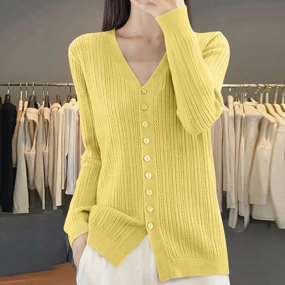 HOWPAY Cardigan Sweaters for Women Oversized Long Sleeve Solid Color Button down Coat Casual Soft V Neck Loose Lightweight Y2K Fall Clothes Yellow M