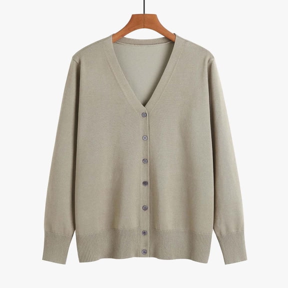 HOWPAY Cardigan Sweaters for Women Oversized Long Sleeve Solid Color Casual Jacket Classic Button up V Neck Soft Y2K Fall Clothes Khaki XXXL