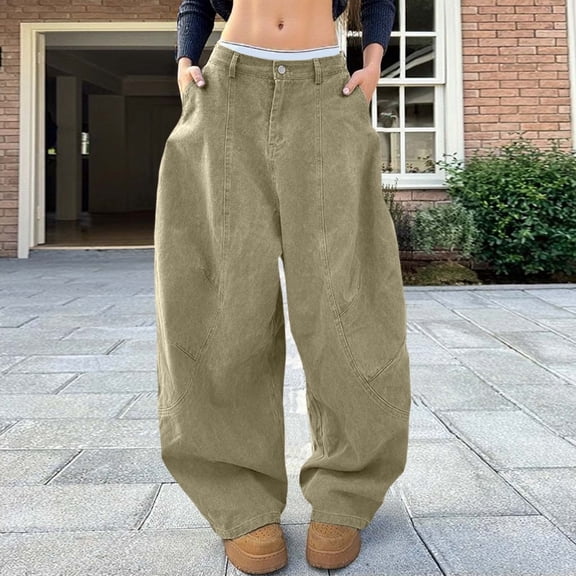 HOWPAY Cargo Jeans for Women Wide Leg High Waisted Denim Pants with Pockets Casual Button Casual Loose Stretchy Comfort Boyfriend Baggy Jeans Green L