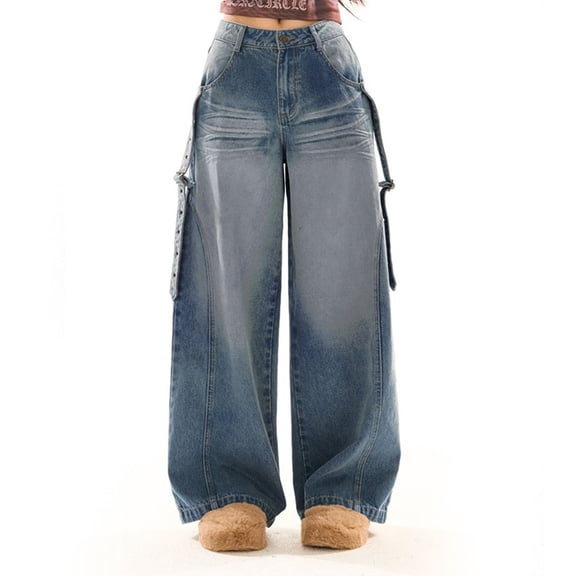 HOWPAY Cargo Jeans for Women Wide Leg High Waisted Stretchy Loose Denim Pants with Pockets Boyfriend Comfort Streetwear Baggy Jeans Blue M