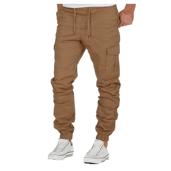 HOWPAY Cargo Sweatpants for Men Elastic Waist Jogger Pants with Pockets Solid Color Stretch Baggy Drawstring Loose Fit Lounge Athletic Pants Khaki XXXL