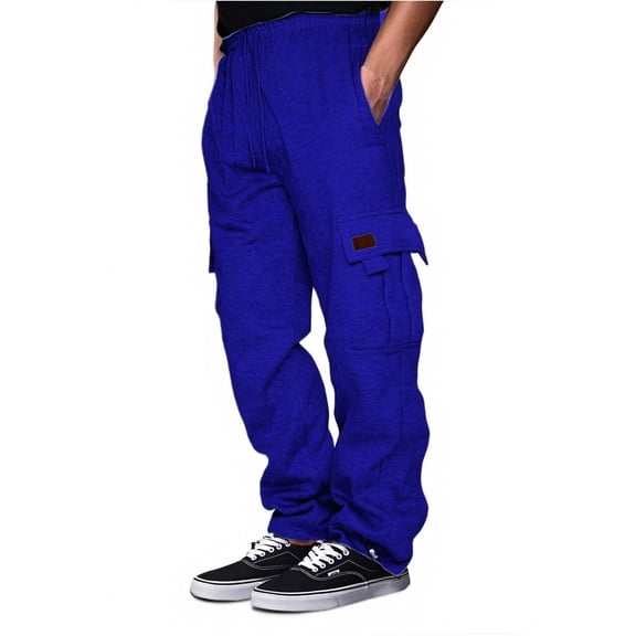 HOWPAY Cargo Sweatpants for Men Elastic Waist Solid Color Drawstring Wide Leg Stretch Open Bottom Trousers with Multi Pockets Workout Sweat Pants Blue XXXL