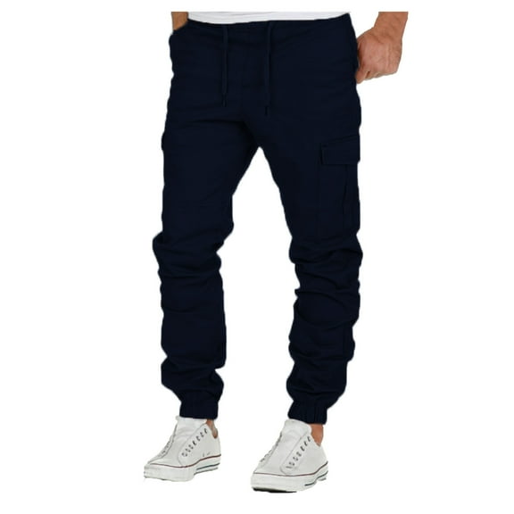 HOWPAY Cargo Sweatpants for Men Elastic Waist Jogger Pants with Pockets Solid Color Stretch Baggy Drawstring Loose Fit Lounge Athletic Pants Navy M