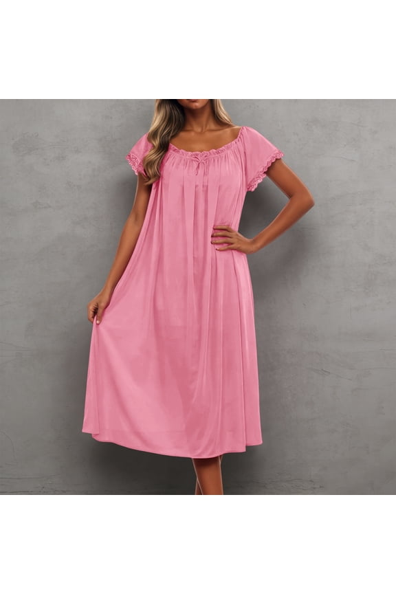 Casual Dresses for Women Short Sleeve Nightgown Flowy Vintage Lace Loungewear Summer Beach Vacation Loose Baggy Maxi Sleep Dress Pink One Size