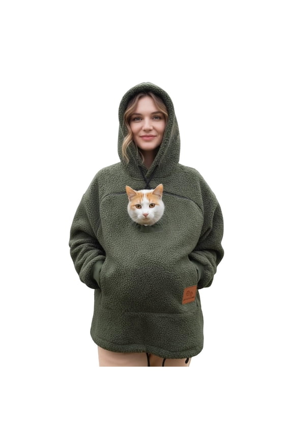 Cat Hoodie for Women Long Sleeve Pet Cat Dog Fuzzy Holder Carrier Hooded Sweatshirt with Zip Kangaroo Pocket Warm Cozy Unisex Hoodies Green L