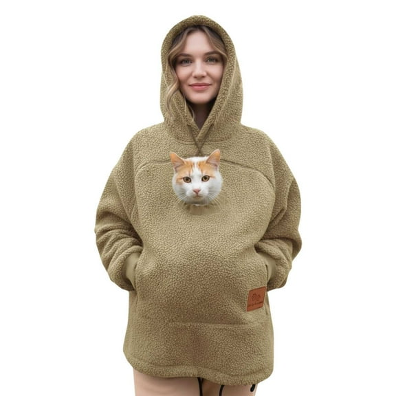 HOWPAY Cat Hoodie Women Pet Carrier Hoodies with Dog Pouch Warm Pullover Long Sleeve Zipper Kangaroo Pocket Cozy Comfy Sweatshirt Beige L