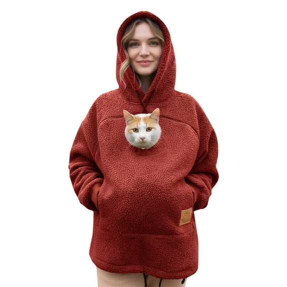 HOWPAY Cat Hoodie Women Pet Carrier Hoodies with Dog Pouch Warm Pullover Long Sleeve Zipper Kangaroo Pocket Cozy Comfy Sweatshirt Red L